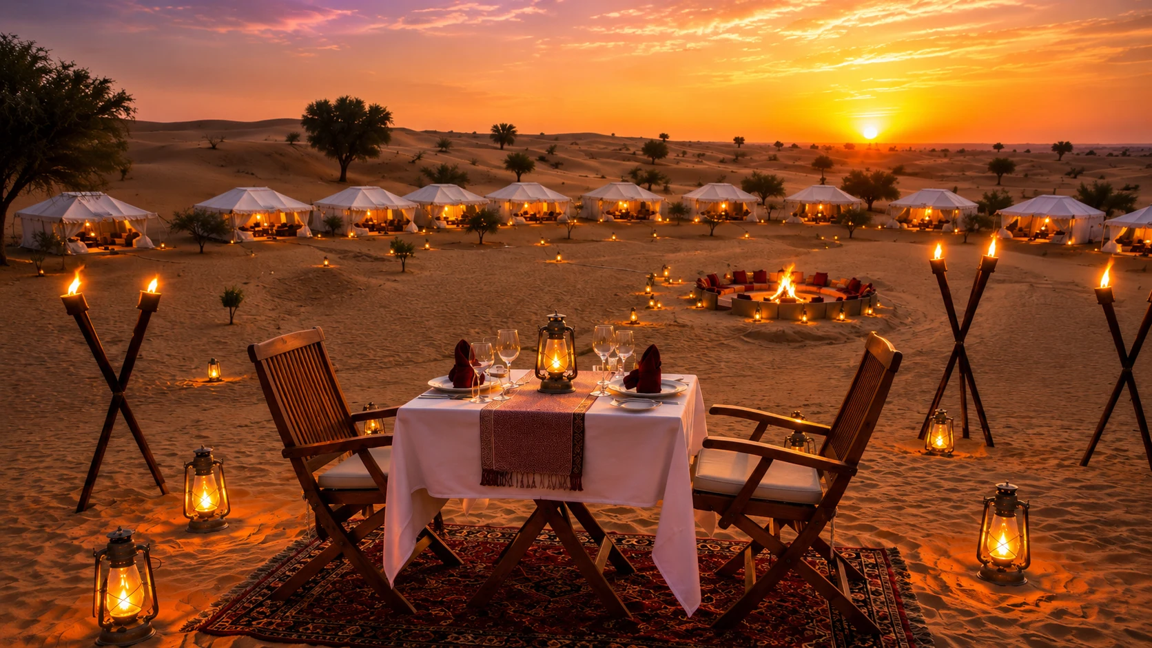 Private dinner setup in the Thar desert under stars
